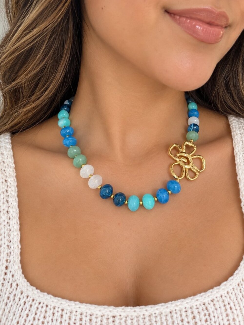 Multicolor Beaded Gold Flower Statement Necklace - Picture 2 of 15